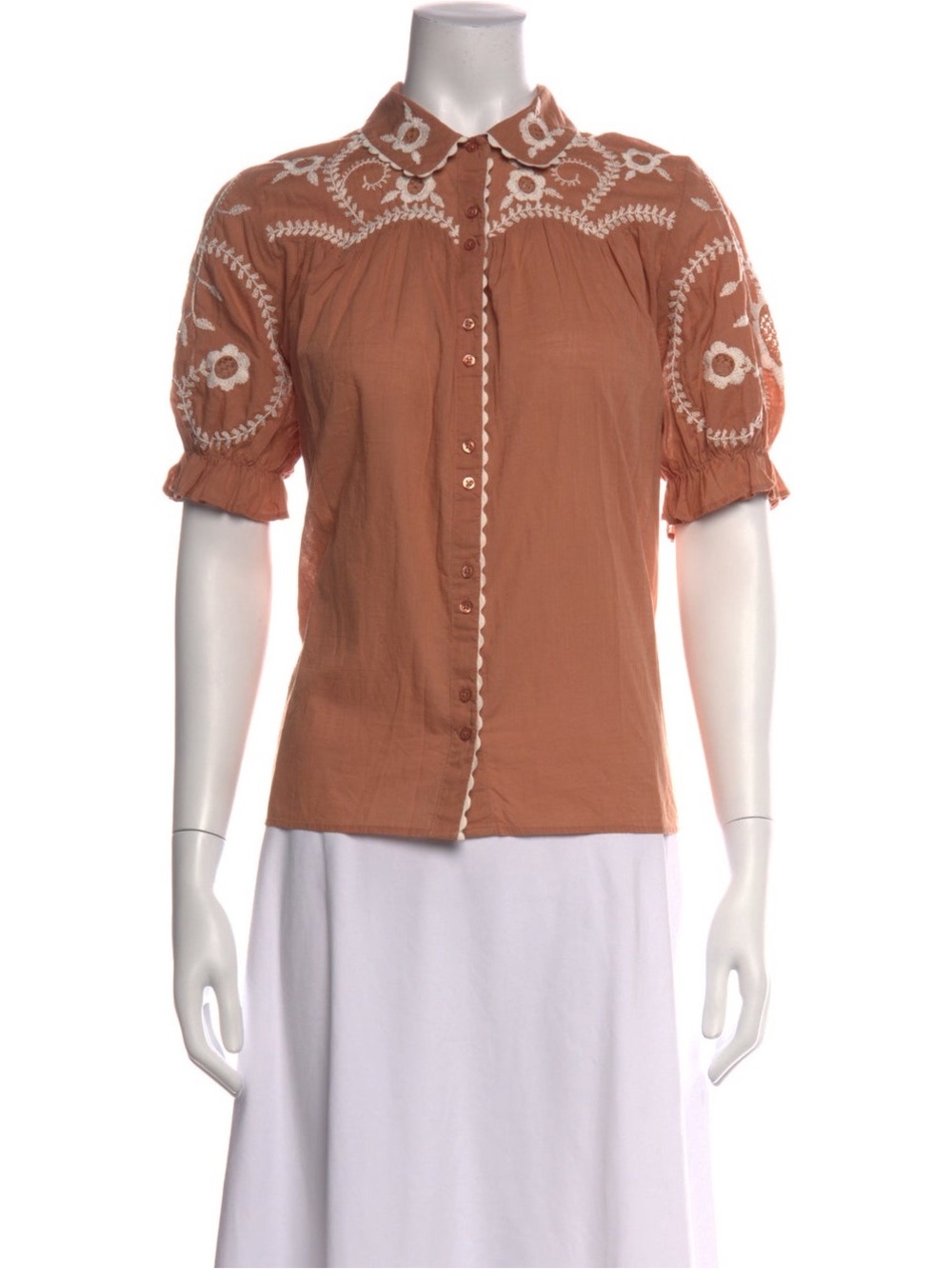 THE GREAT. Rust Brown Short-Sleeve Embroidered Button Blouse